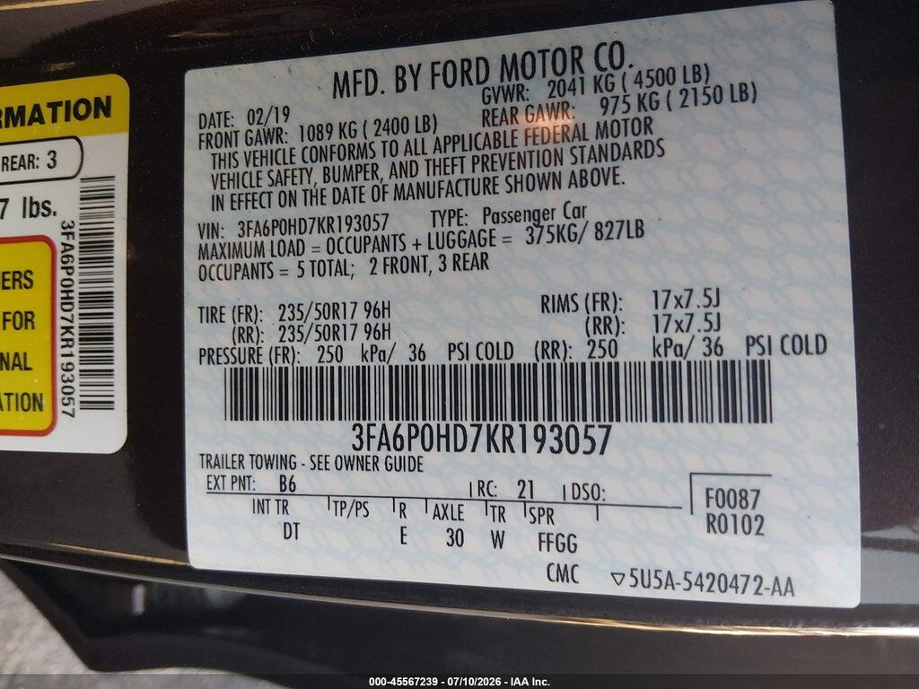 3FA6P0HD7KR193057 2019 FORD FUSION photo no. 9