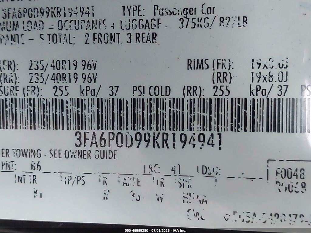 3FA6P0D99KR194941 2019 FORD FUSION photo no. 9