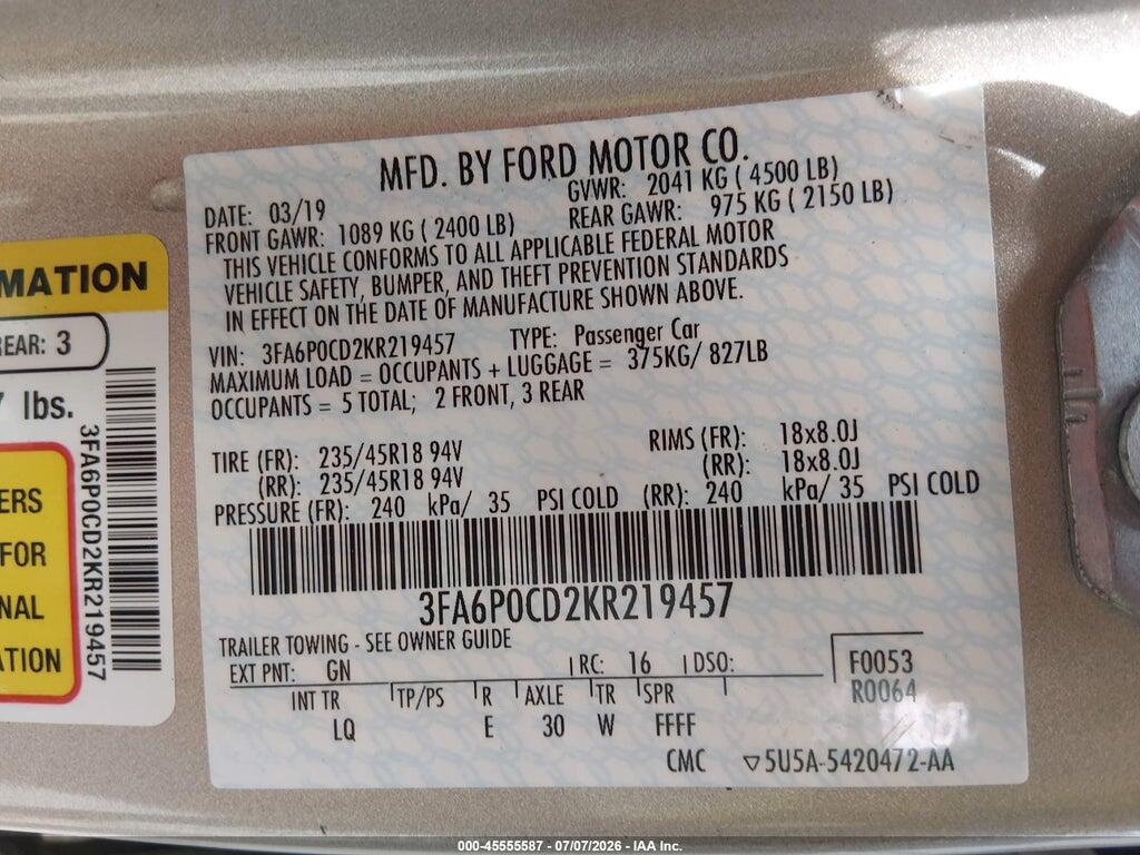 3FA6P0CD2KR219457 2019 FORD FUSION photo no. 9