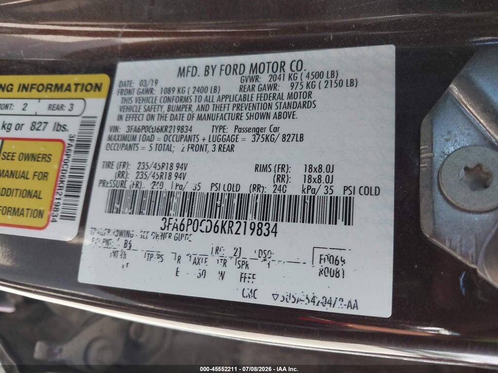 3FA6P0CD6KR219834 2019 FORD FUSION photo no. 9