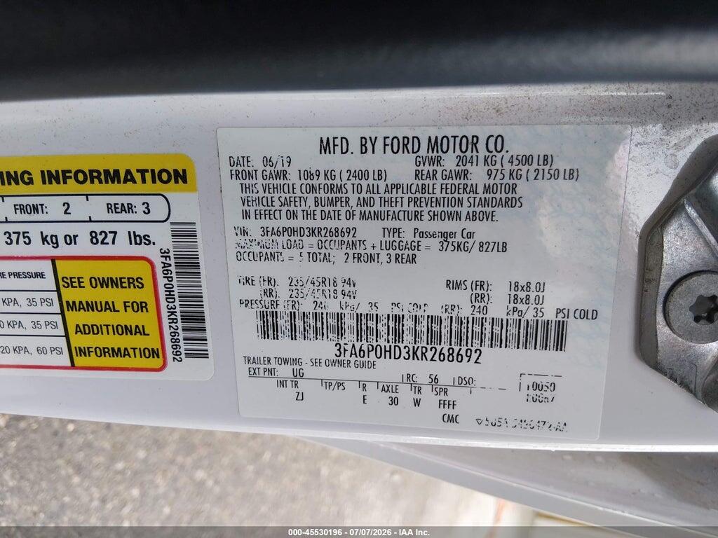 3FA6P0HD3KR268692 2019 FORD FUSION photo no. 9