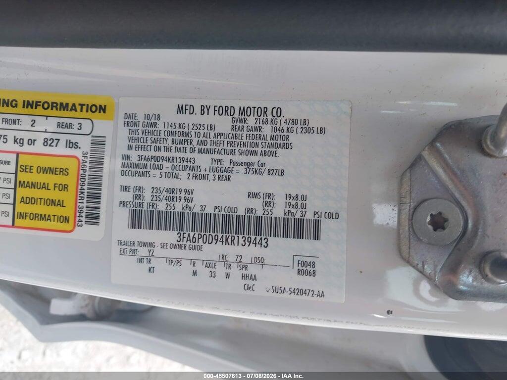 3FA6P0D94KR139443 2019 FORD FUSION photo no. 9