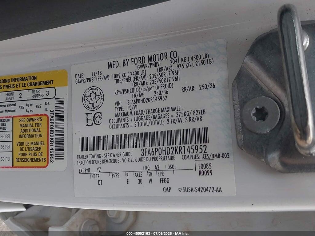 3FA6P0HD2KR145952 2019 FORD FUSION photo no. 9