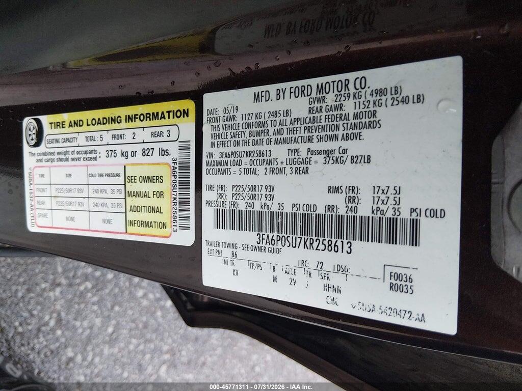 3FA6P0SU7KR258613 2019 FORD FUSION ENERGI photo no. 9