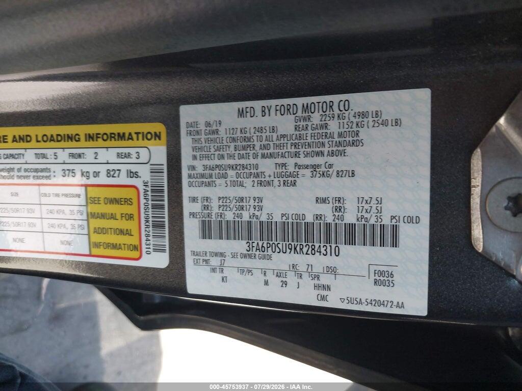 3FA6P0SU9KR284310 2019 FORD FUSION ENERGI photo no. 9