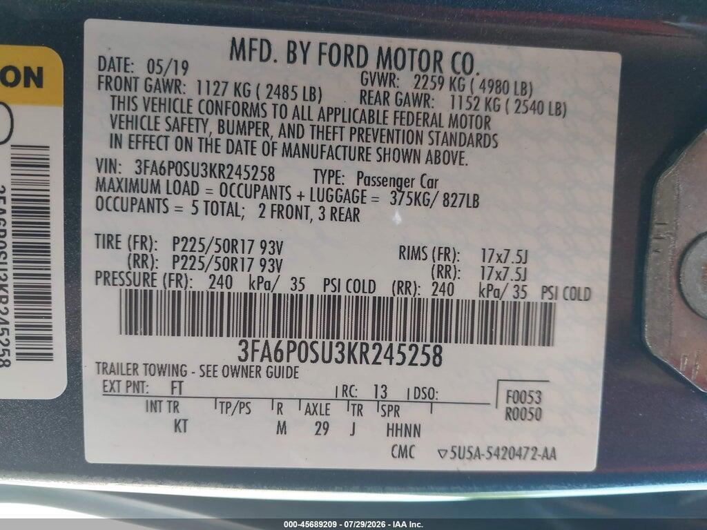 3FA6P0SU3KR245258 2019 FORD FUSION ENERGI photo no. 9
