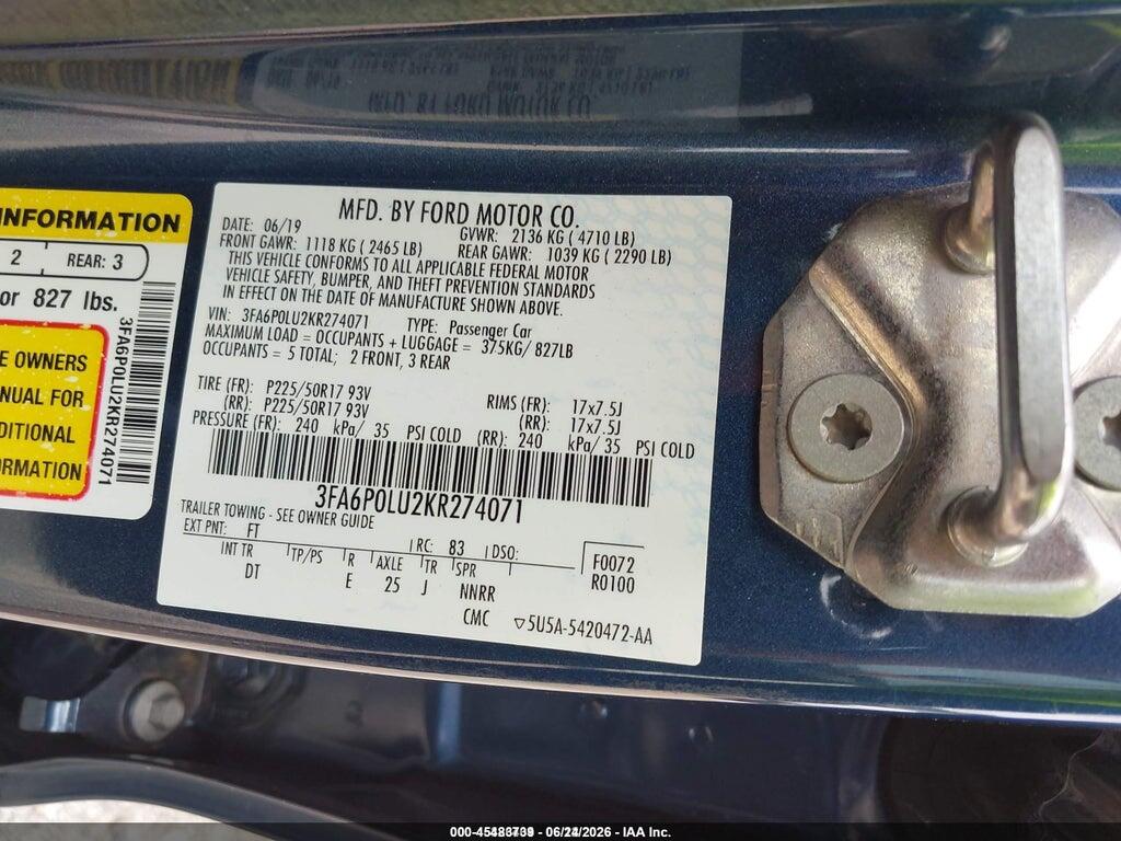 3FA6P0LU2KR274071 2019 FORD FUSION HYBRID photo no. 9