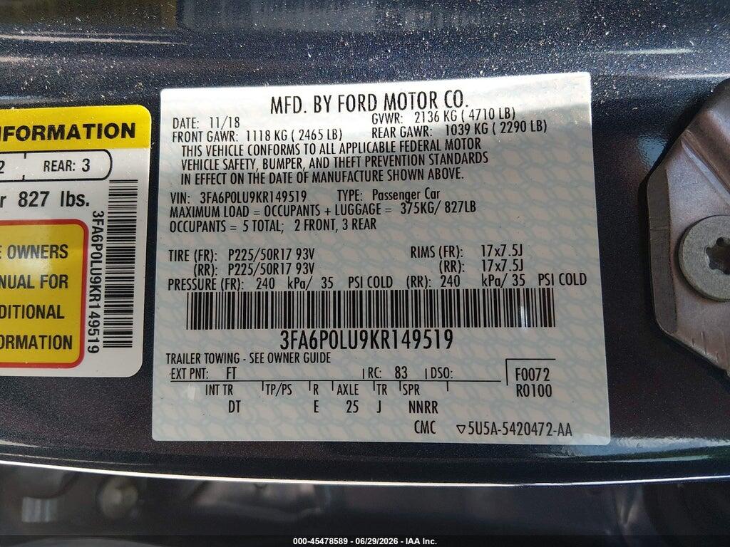 3FA6P0LU9KR149519 2019 FORD FUSION HYBRID photo no. 9