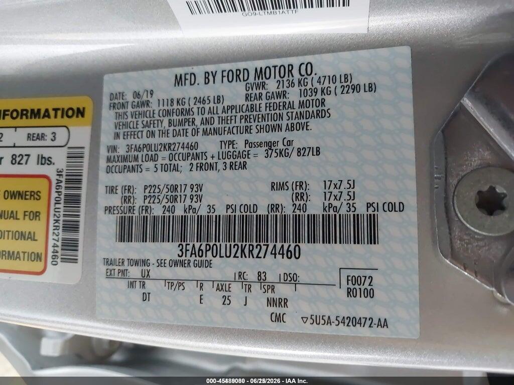 3FA6P0LU2KR274460 2019 FORD FUSION HYBRID photo no. 9