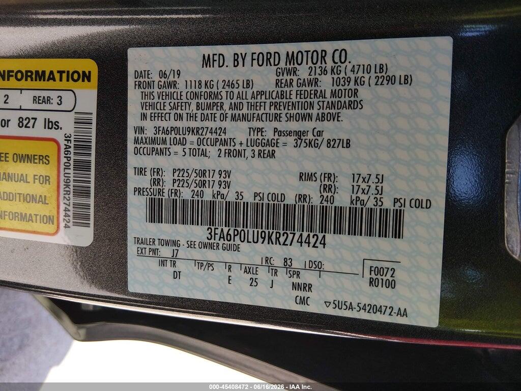 3FA6P0LU9KR274424 2019 FORD FUSION HYBRID photo no. 9