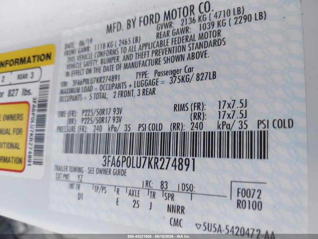 3FA6P0LU7KR274891 2019 FORD FUSION HYBRID photo no. 9