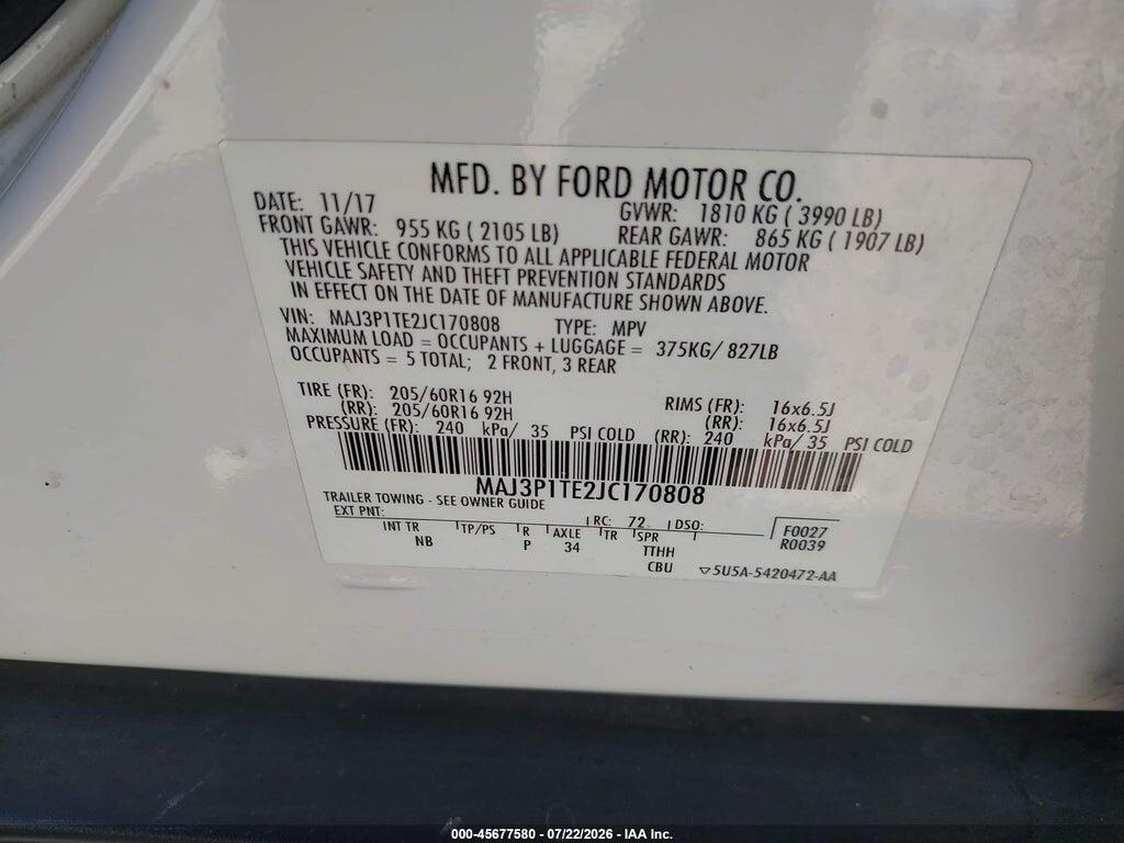 MAJ3P1TE2JC170808 2018 FORD ECOSPORT photo no. 9