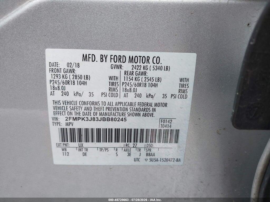 2FMPK3J83JBB80245 2018 FORD EDGE photo no. 9