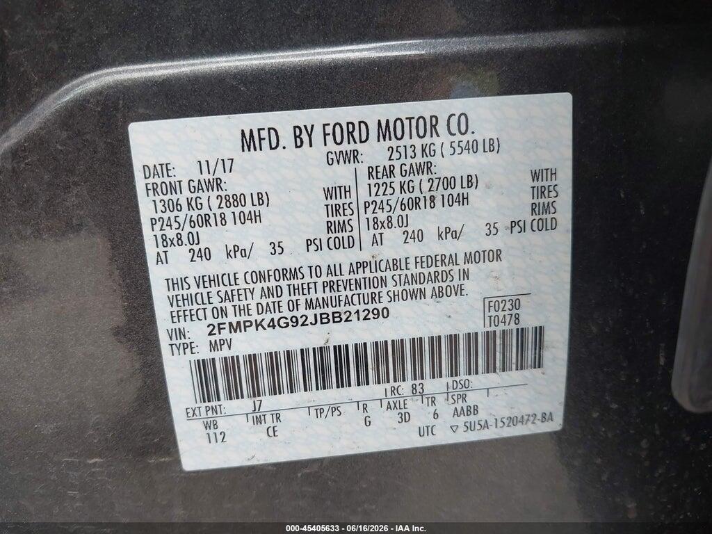 2FMPK4G92JBB21290 2018 FORD EDGE photo no. 9