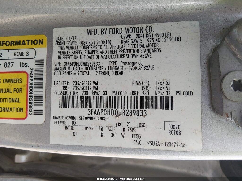 3FA6P0HD0HR289833 2017 FORD FUSION photo no. 9