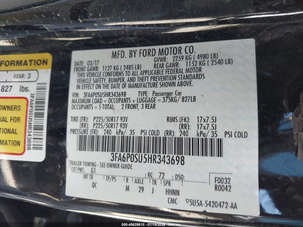 3FA6P0SU5HR343698 2017 FORD FUSION ENERGI photo no. 9