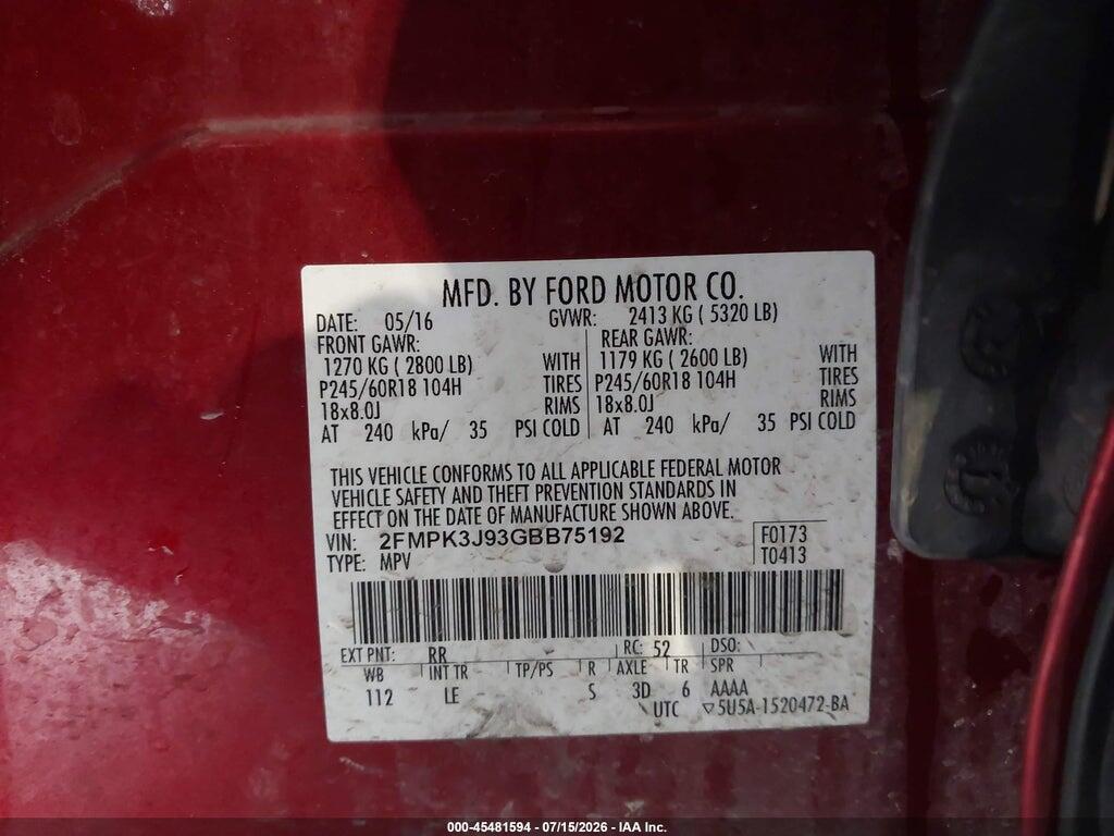 2FMPK3J93GBB75192 2016 FORD EDGE photo no. 9