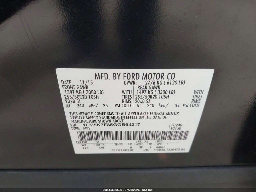 1FM5K7F85GGB64217 2016 FORD EXPLORER photo no. 9