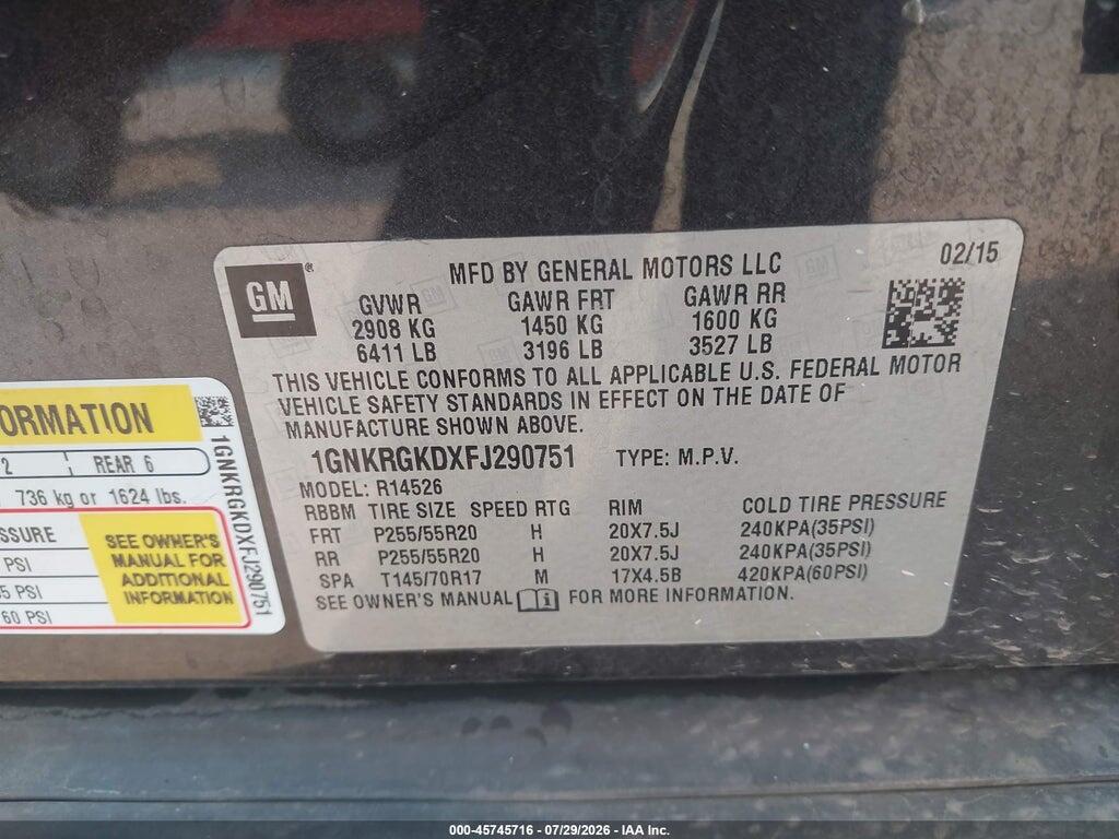 1GNKRGKDXFJ290751 2015 CHEVROLET TRAVERSE photo no. 9