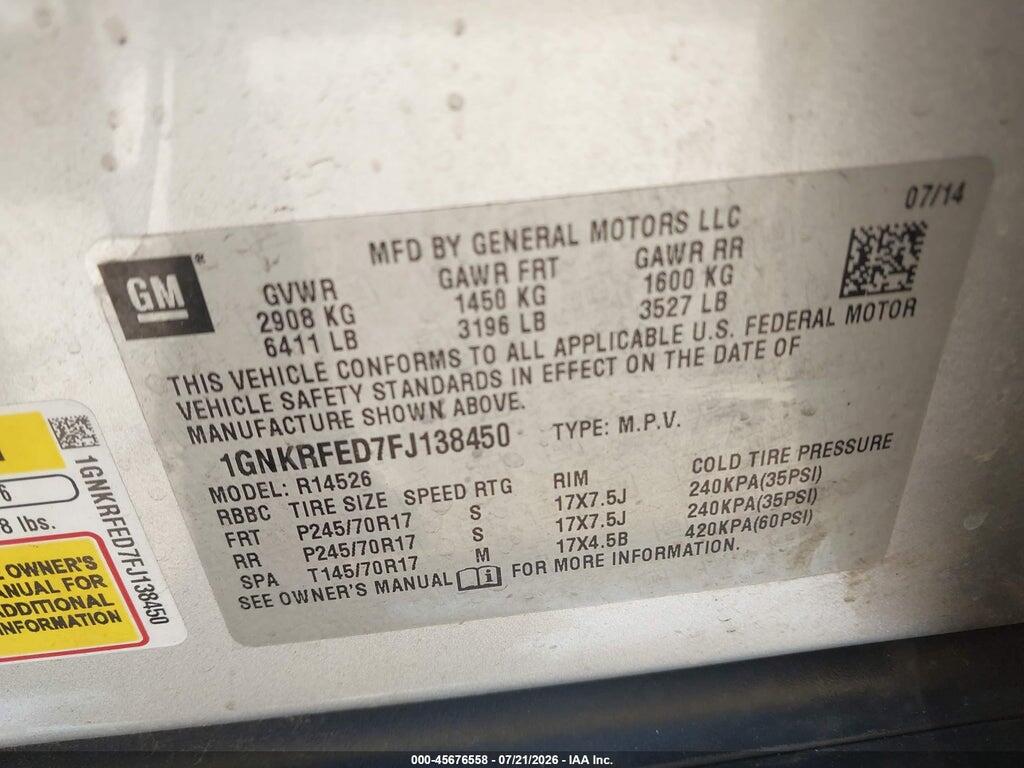 1GNKRFED7FJ138450 2015 CHEVROLET TRAVERSE photo no. 9