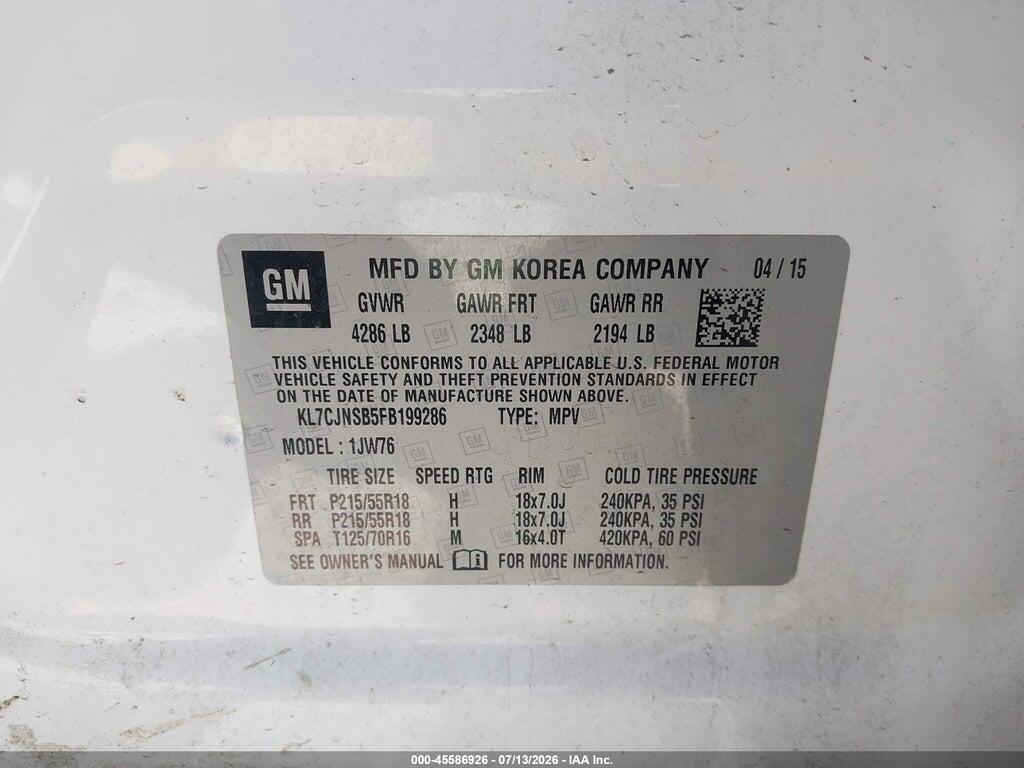 KL7CJNSB5FB199286 2015 CHEVROLET TRAX photo no. 9