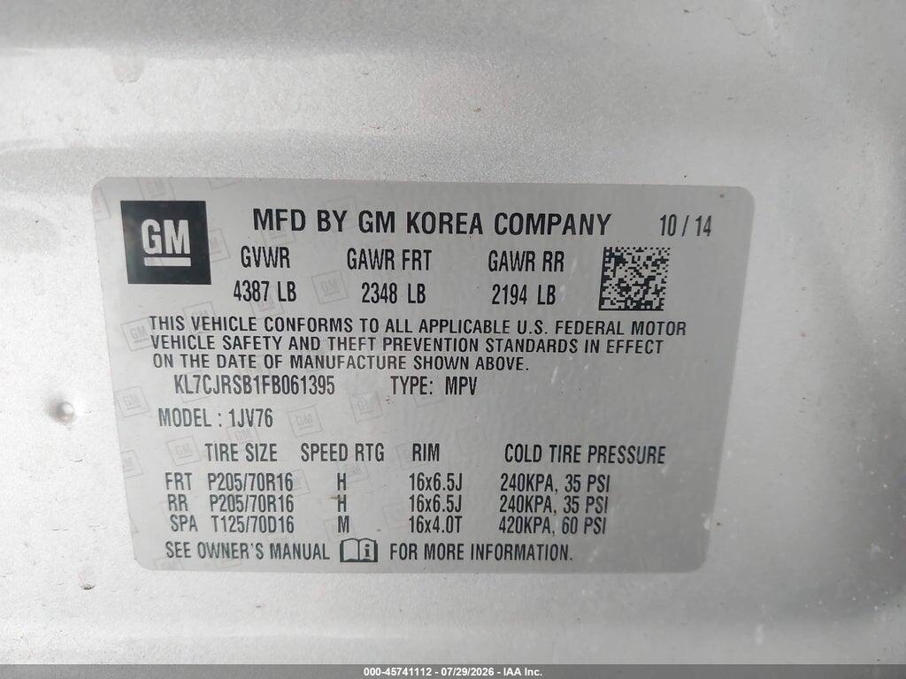 KL7CJRSB1FB061395 2015 CHEVROLET TRAX photo no. 9