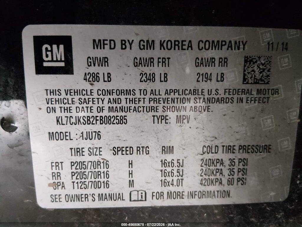 KL7CJKSB2FB082585 2015 CHEVROLET TRAX photo no. 9
