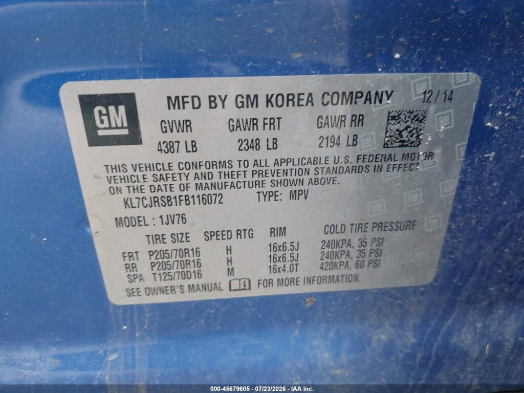 KL7CJRSB1FB116072 2015 CHEVROLET TRAX photo no. 9