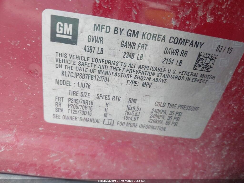 KL7CJPSB7FB179701 2015 CHEVROLET TRAX photo no. 9