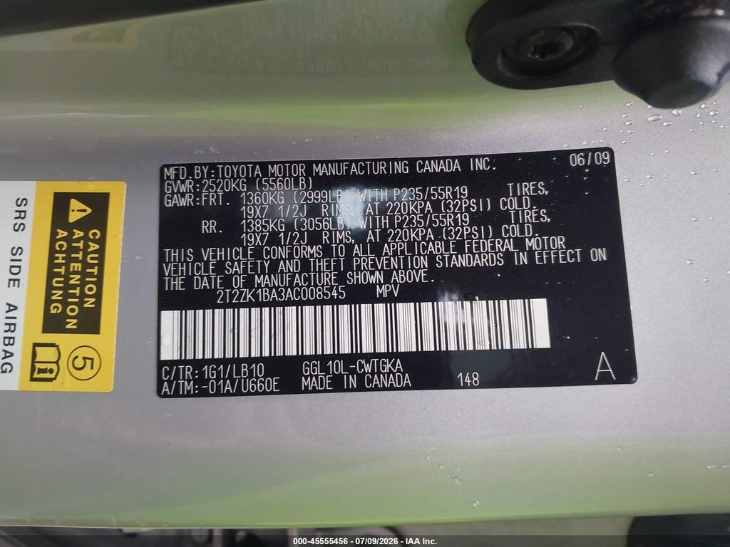2T2ZK1BA3AC008545 2010 LEXUS RX 350 photo no. 9