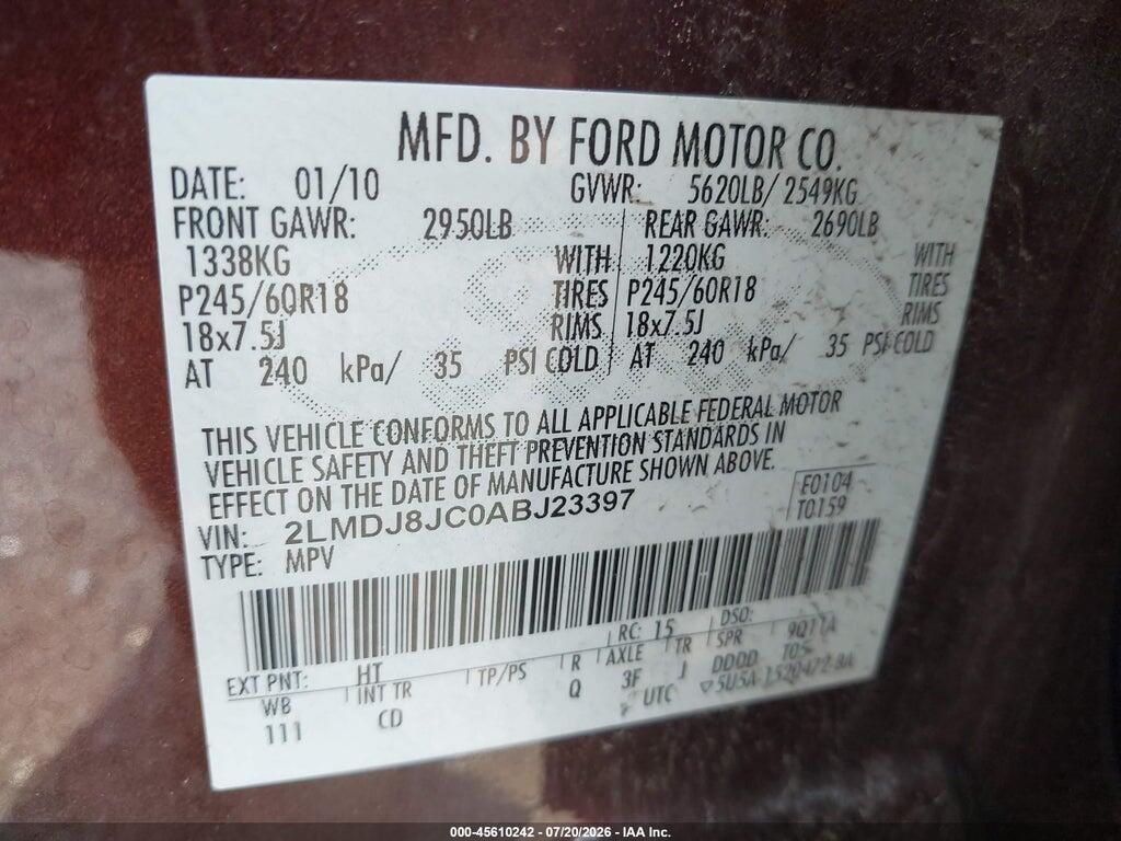2LMDJ8JC0ABJ23397 2010 LINCOLN MKX photo no. 9