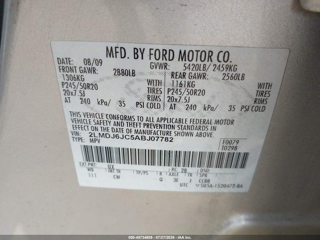 2LMDJ6JC5ABJ07782 2010 LINCOLN MKX photo no. 9