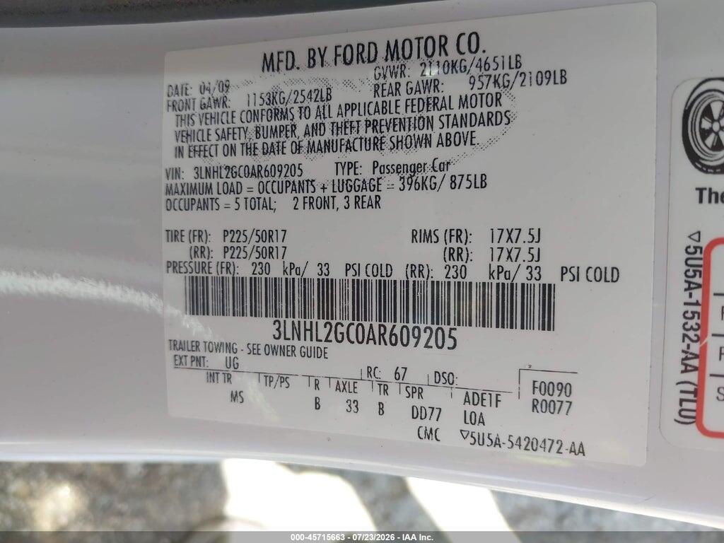 3LNHL2GC0AR609205 2010 LINCOLN MKZ photo no. 9