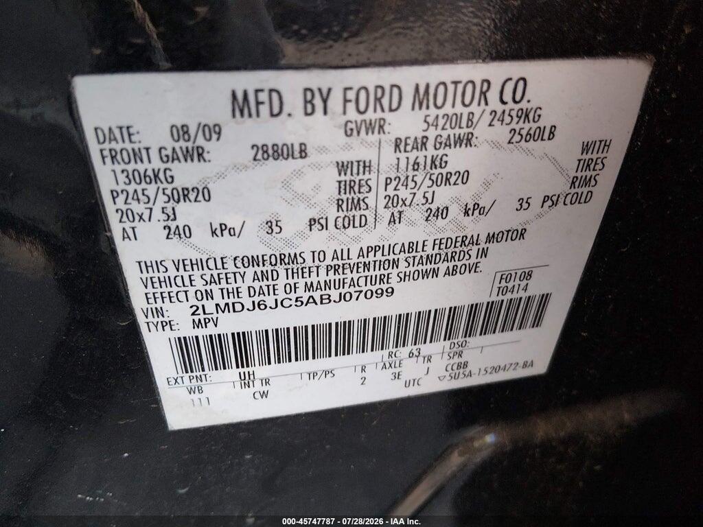 2LMDJ6JC5ABJ07099 2010 LINCOLN MKX photo no. 9