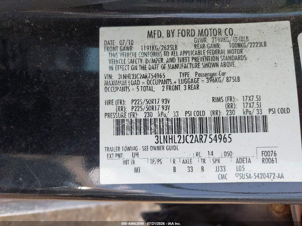 3LNHL2JC2AR754965 2010 LINCOLN MKZ photo no. 9