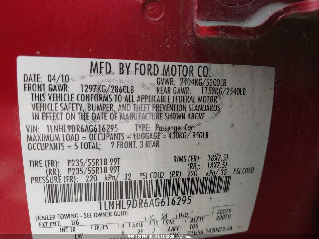 1LNHL9DR6AG616295 2010 LINCOLN MKS photo no. 9