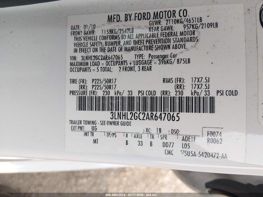 3LNHL2GC2AR647065 2010 LINCOLN MKZ photo no. 9