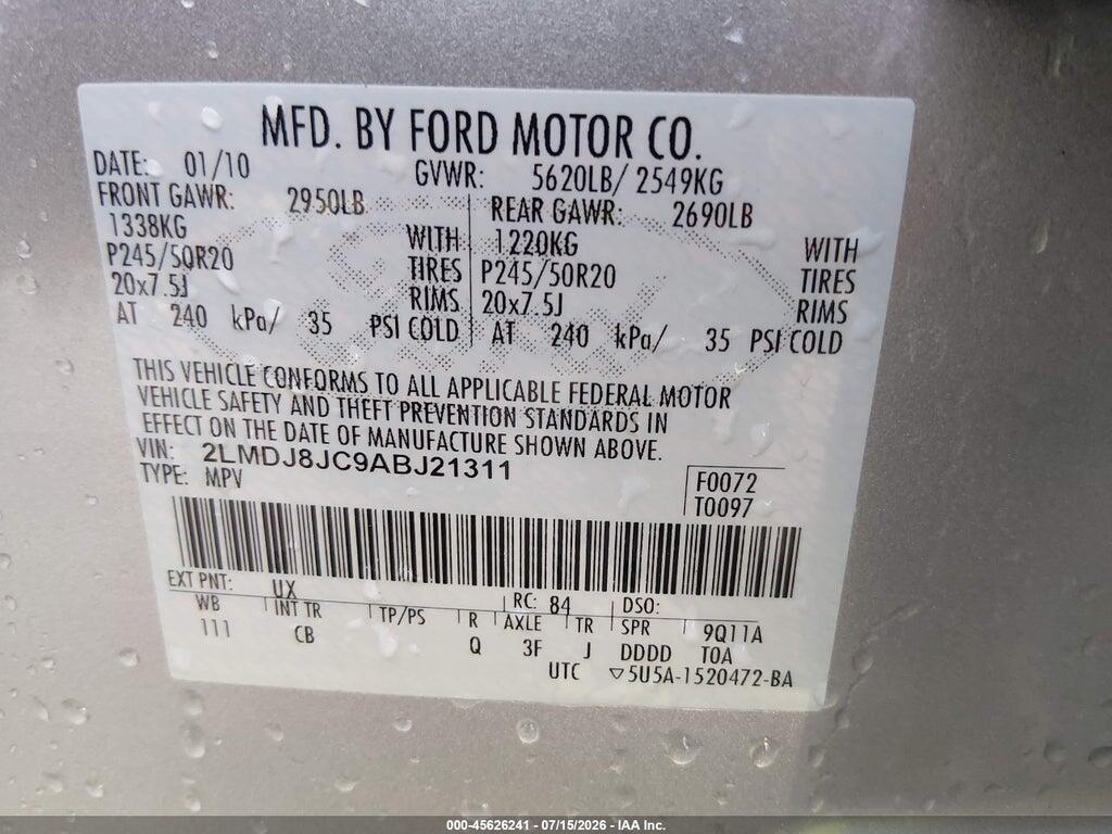 2LMDJ8JC9ABJ21311 2010 LINCOLN MKX photo no. 9