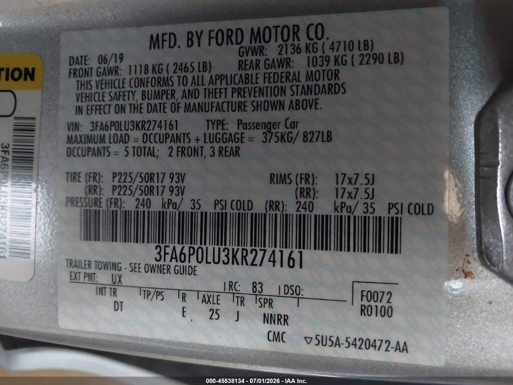 3FA6P0LU3KR274161 2019 FORD FUSION HYBRID photo no. 9