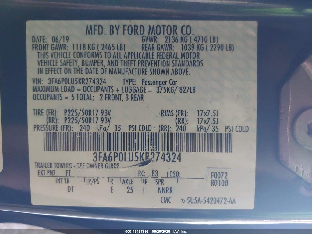 3FA6P0LU5KR274324 2019 FORD FUSION HYBRID photo no. 9