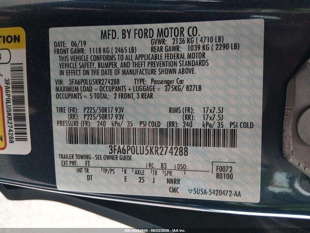 3FA6P0LU5KR274288 2019 FORD FUSION HYBRID photo no. 9