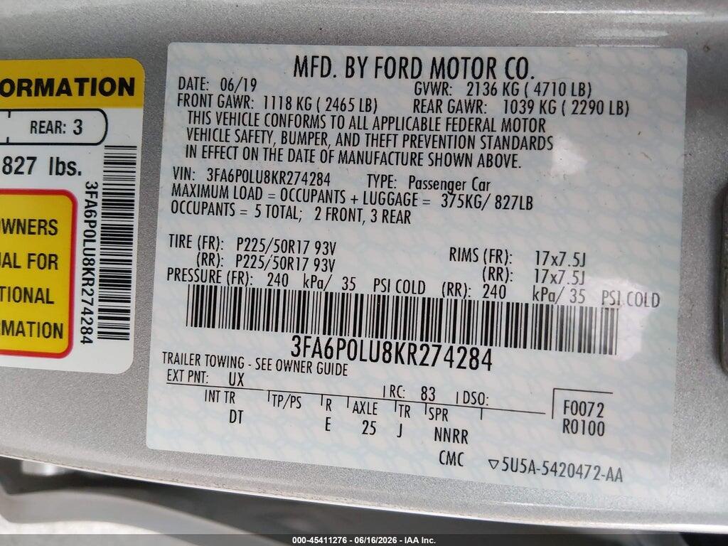 3FA6P0LU8KR274284 2019 FORD FUSION HYBRID photo no. 9