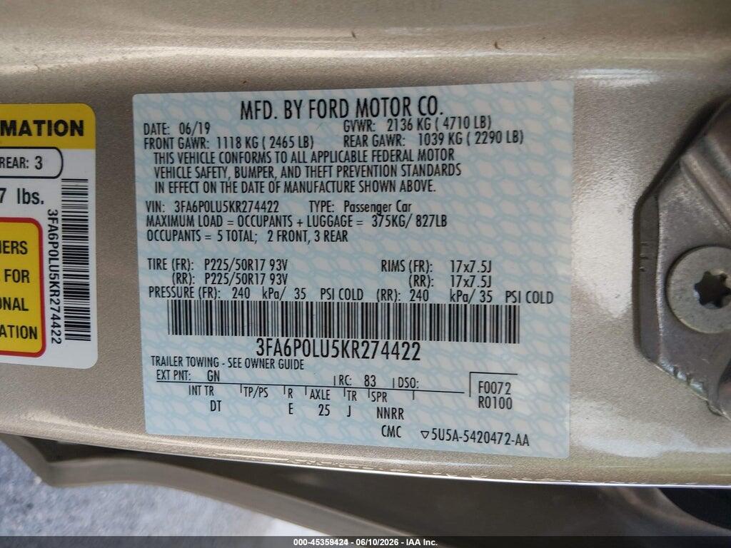3FA6P0LU5KR274422 2019 FORD FUSION HYBRID photo no. 9
