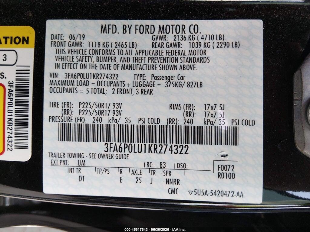 3FA6P0LU1KR274322 2019 FORD FUSION HYBRID photo no. 9