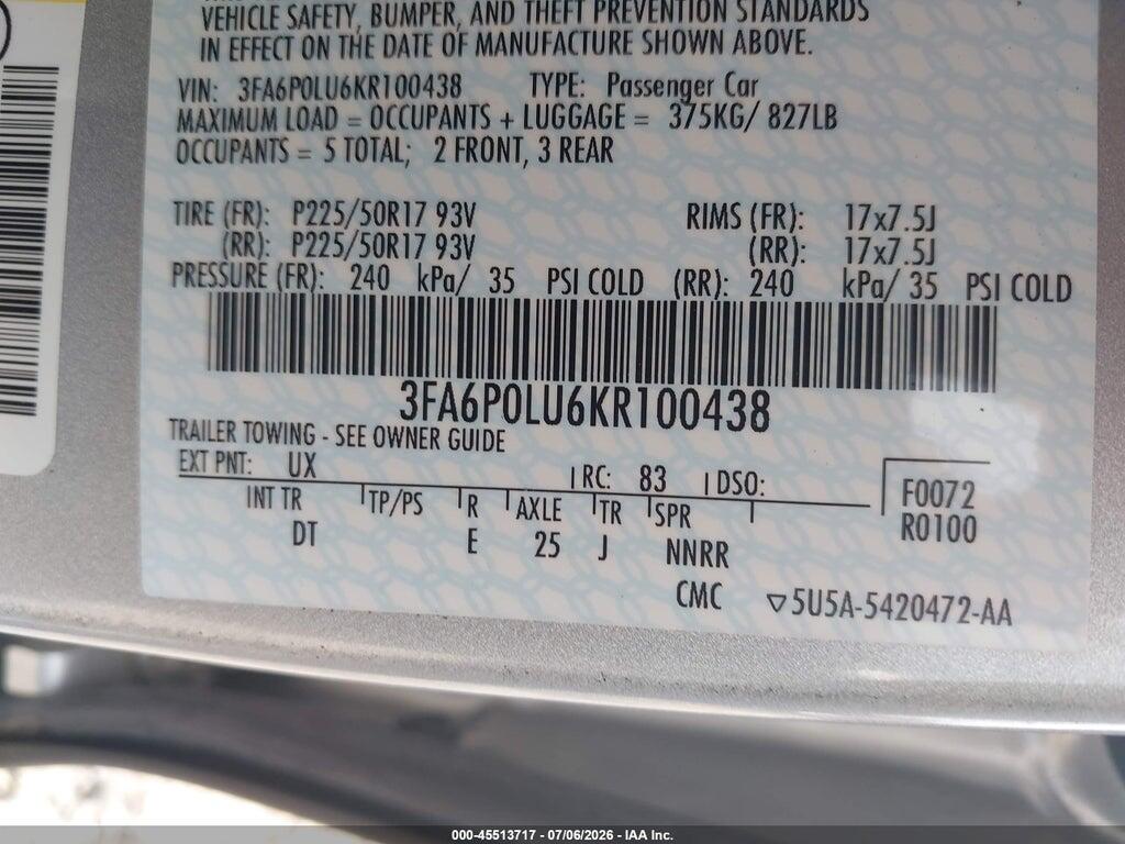 3FA6P0LU6KR100438 2019 FORD FUSION HYBRID photo no. 9