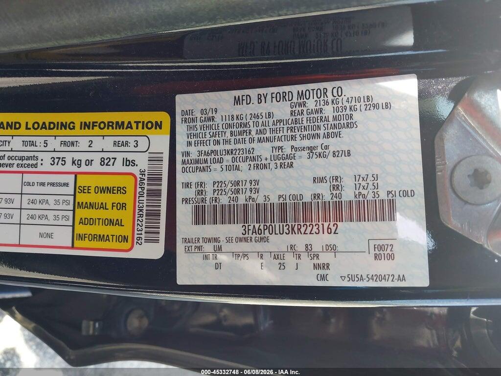 3FA6P0LU3KR223162 2019 FORD FUSION HYBRID photo no. 9