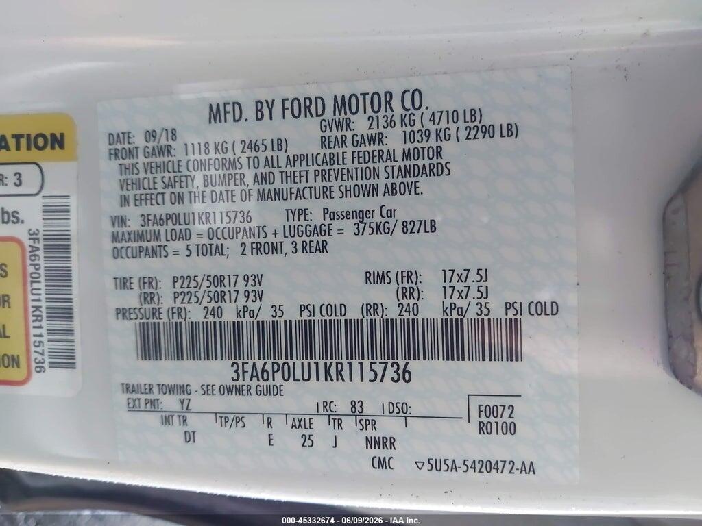 3FA6P0LU1KR115736 2019 FORD FUSION HYBRID photo no. 9