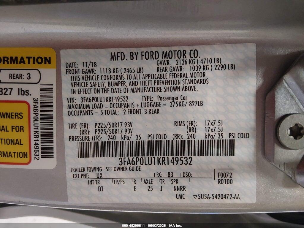 3FA6P0LU1KR149532 2019 FORD FUSION HYBRID photo no. 9