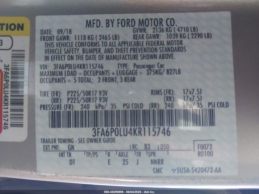 3FA6P0LU4KR115746 2019 FORD FUSION HYBRID photo no. 9
