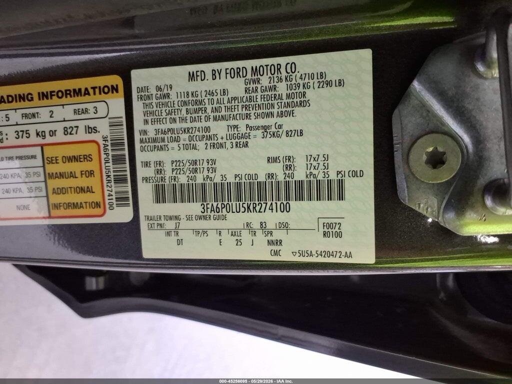 3FA6P0LU5KR274100 2019 FORD FUSION HYBRID photo no. 9